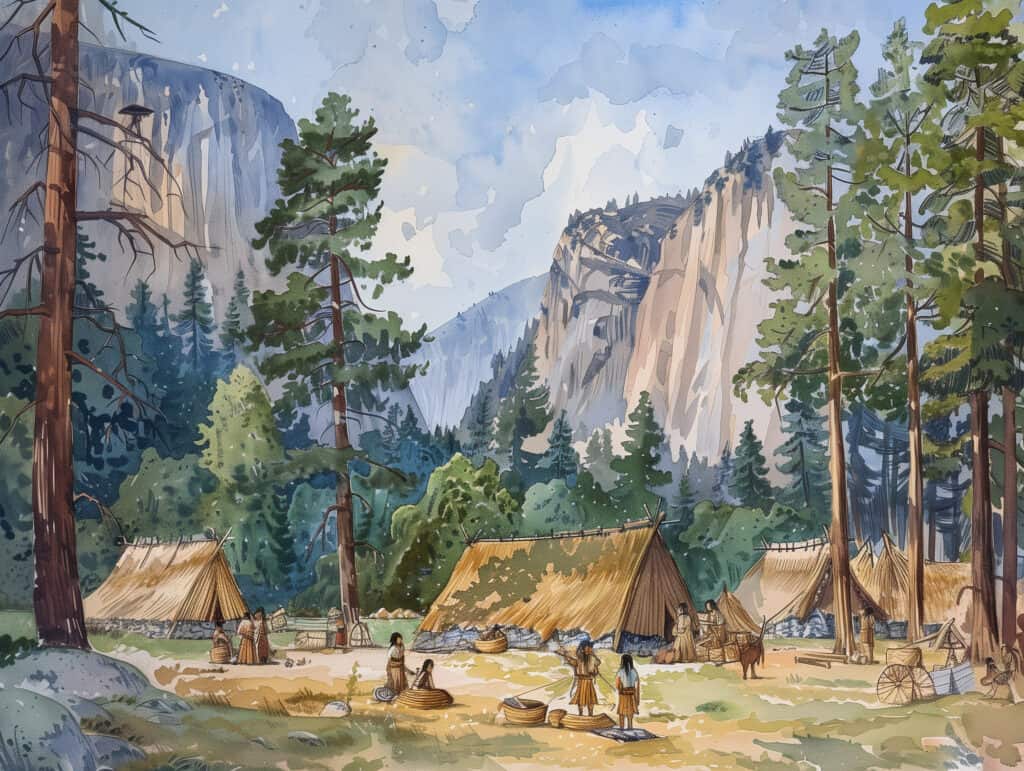 Eine Siedlung der Ahwahneechee Indianer im Yosemite-Tal, umgeben von den majestätischen Felsen und dichten Wäldern des Yosemite Nationalparks. Digitale Illustration, © www.wunderschoene-usa.de